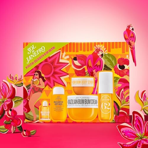 Sol de Janeiro gift set with colorful packaging and floral decorations.