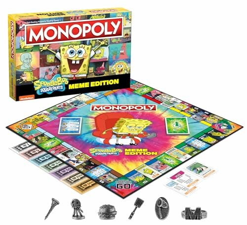 SpongeBob Monopoly Meme Edition board game with box, board, cards, and tokens.