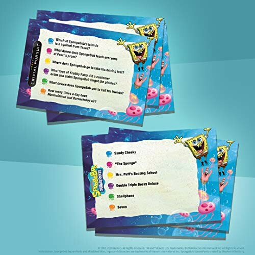 SpongeBob trivia cards with questions and answers.