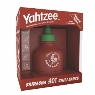 Yahtzee game in Sriracha hot chili sauce bottle design.