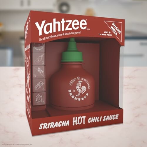 Yahtzee game in Sriracha sauce bottle packaging