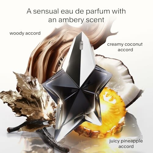 Star-shaped perfume bottle with woody, coconut, and pineapple elements.