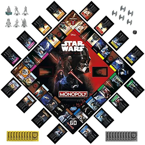 Star Wars themed Monopoly board game with character pieces and cards.