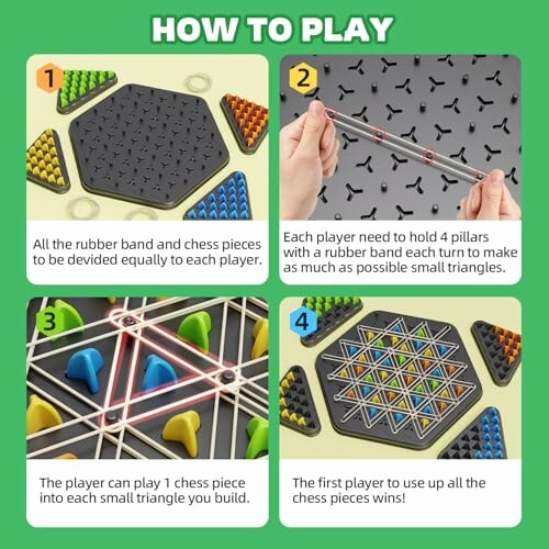 Instructions for playing a strategy board game with rubber bands and chess pieces.