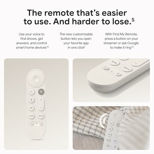 Remote control for streaming device with voice control, customizable button, and Find My Remote feature.