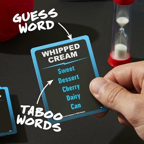 Taboo game card with guess word 'Whipped Cream' and taboo words 'Sweet, Dessert, Cherry, Dairy, Can'.