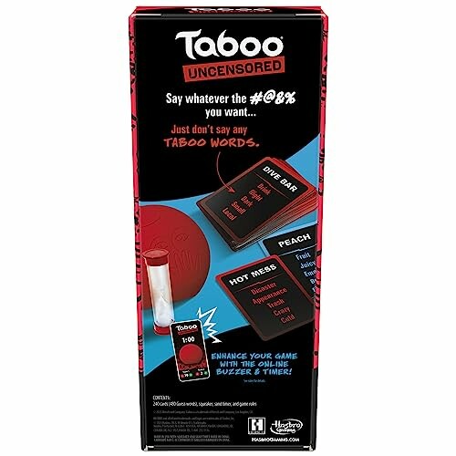 Taboo Uncensored game box with cards and timer.