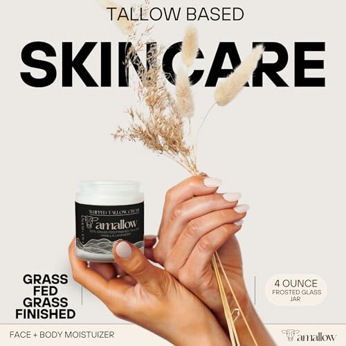 Tallow based skincare cream with dried grasses.