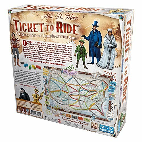 Back of Ticket to Ride board game box with map and characters.