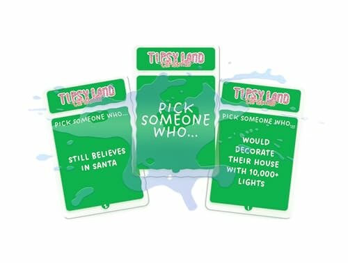 Three green Tisyland game cards with playful prompts.