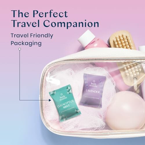 Travel toiletry kit with body wipes, brush, and bottle.