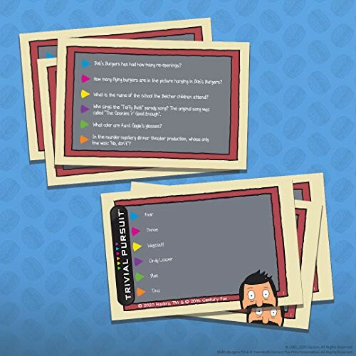 Trivial Pursuit Bob's Burgers edition cards with questions.