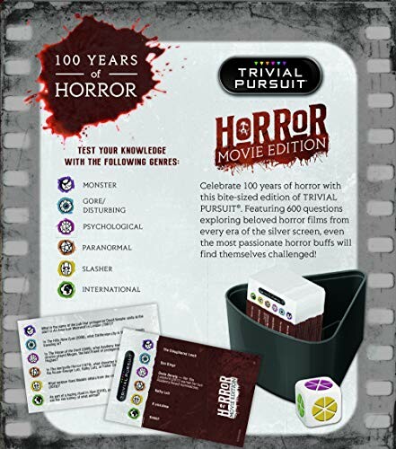 Trivial Pursuit Horror Movie Edition game box with cards and dice.