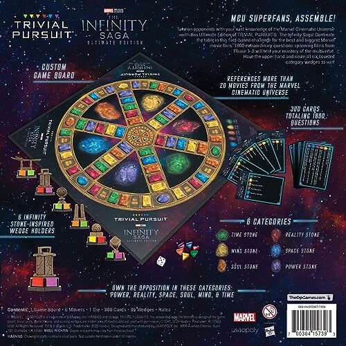 Trivial Pursuit Infinity Saga board game with custom board and cards.