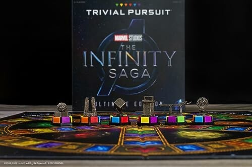 Trivial Pursuit Infinity Saga board game with colorful pieces and box.