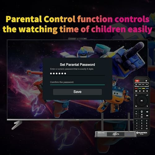 TV screen with parental control password setup and remote.