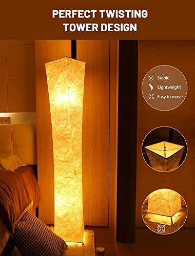 Tall twisting floor lamp with warm light in a bedroom.