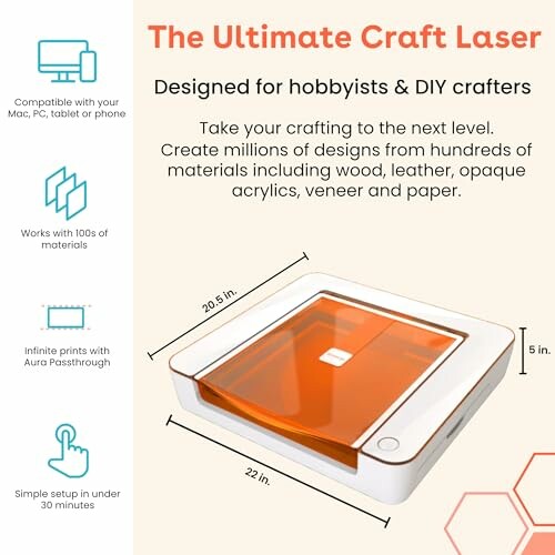 Infographic for a craft laser designed for hobbyists, featuring compatibility details and dimensions.