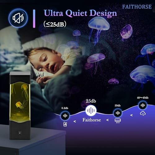 Jellyfish aquarium with ultra quiet design, child sleeping peacefully.