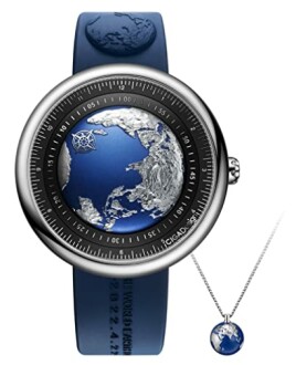 Unique blue watch with Earth design and matching pendant.