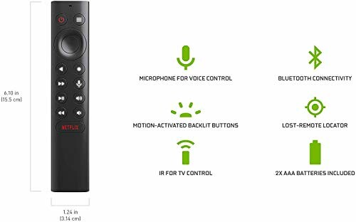 Universal remote control with voice, Bluetooth, backlit buttons, and battery details.