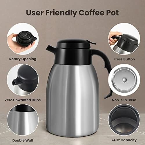 Stainless steel coffee pot with features like rotary opening, press button, no drips, non-slip base, double wall, 74oz capacity.