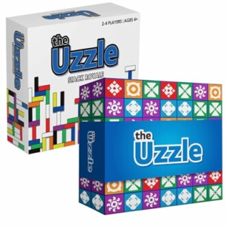 Uzzle board game boxes with colorful designs