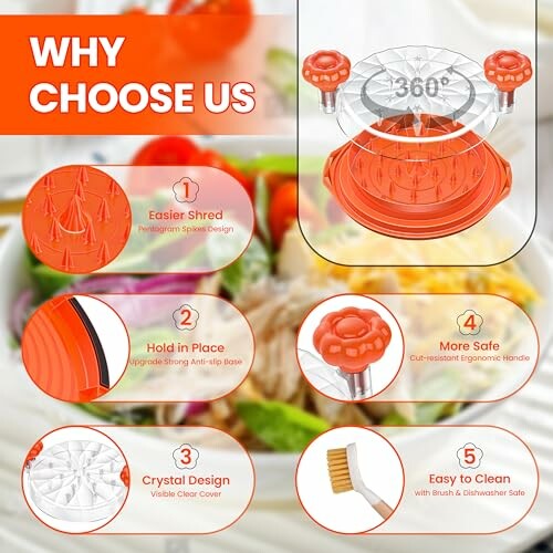 Infographic highlighting features of a vegetable slicer, including easier shred, anti-slip base, crystal design, ergonomic handle, and easy cleaning.