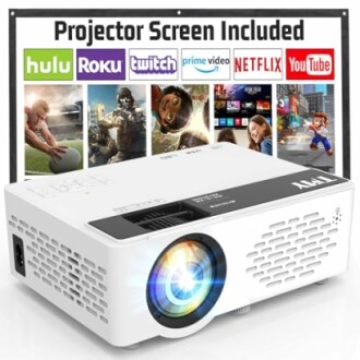 Projector with screen and streaming service logos.