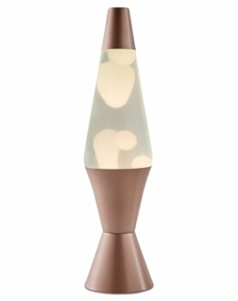 A classic lava lamp with brown base and cap.