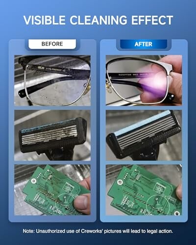 Comparison showing cleaning effect on glasses, razor, and circuit board.