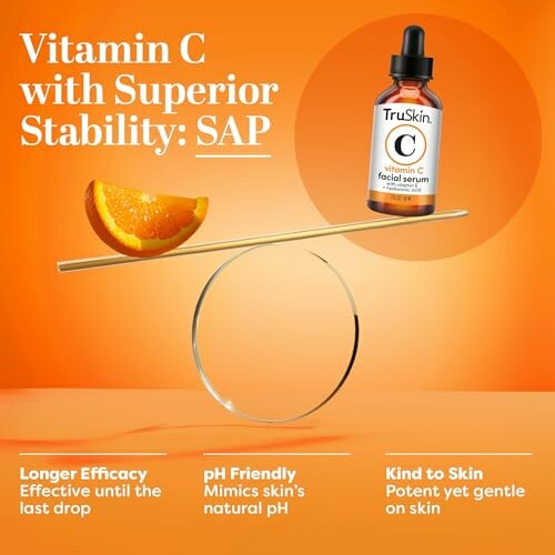 TruSkin Vitamin C facial serum with benefits of stability, efficacy, and skin-friendliness.