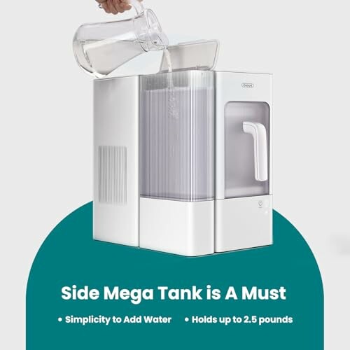 Water being poured into a dispenser with a side mega tank feature.