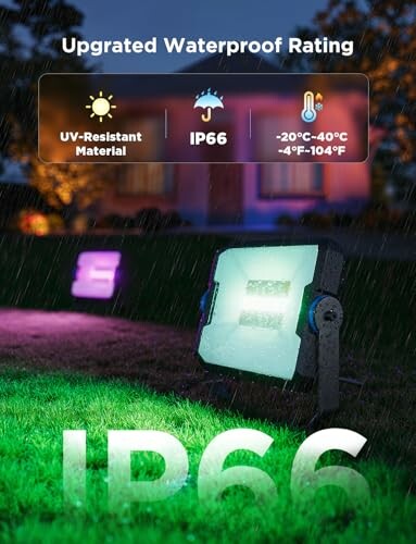 Outdoor light with IP66 waterproof rating in rain, UV-resistant material, temperature range -20C to 40C.