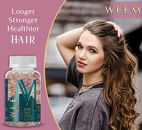 Woman with long hair next to Weem hair vitamin supplement bottle.