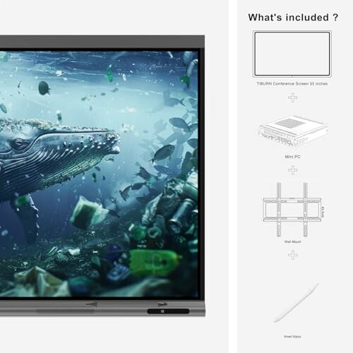 Underwater scene with a whale on a conference screen, and included items like a mini PC and wall mount.