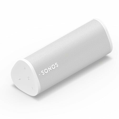 White portable wireless speaker with Sonos branding.