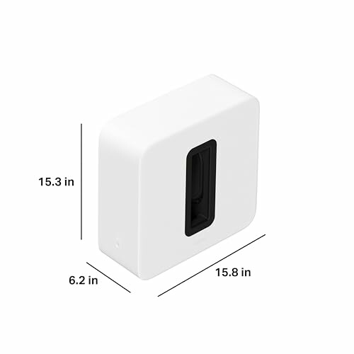 White subwoofer speaker with dimensions 15.3 x 15.8 x 6.2 inches.