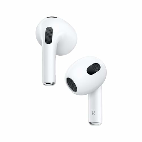 Pair of white wireless earbuds isolated on a white background.