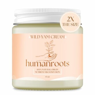 Jar of Humanroots Wild Yam Cream with a hand holding a plant illustration.