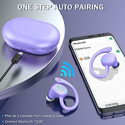 Wireless earbuds with charging case and smartphone showing auto pairing.