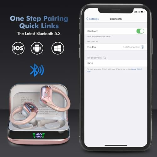 Wireless earbuds with Bluetooth 5.3 pairing displayed on smartphone.