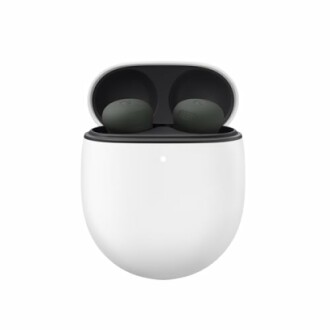 Wireless earbuds in a white charging case