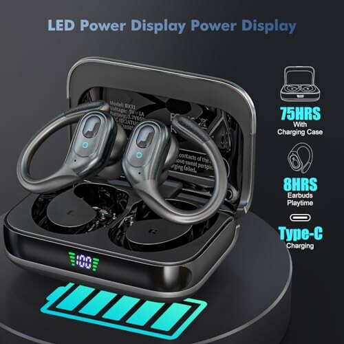 Wireless earbuds with charging case featuring LED power display.