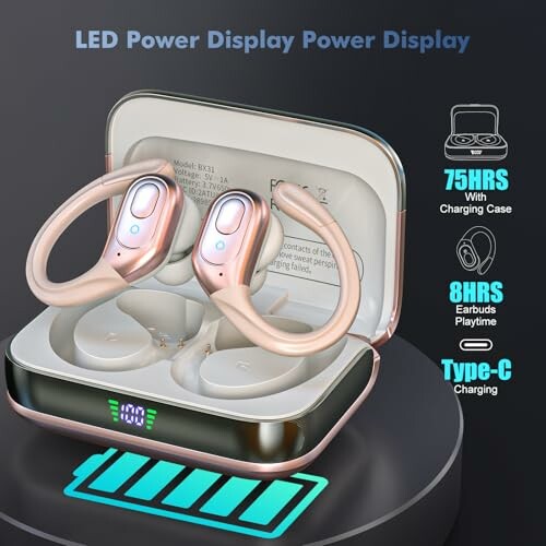 Wireless earbuds in charging case with power display.