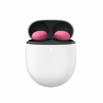 Wireless earbuds in open charging case.