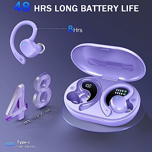 Wireless earbuds with charging case showing 48 hours battery life and Type-C fast charging.