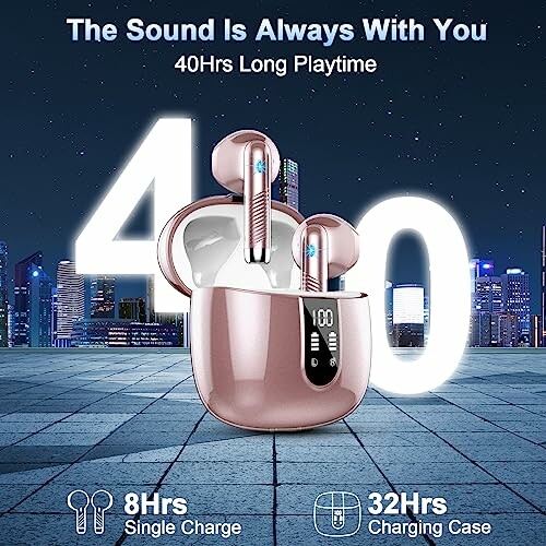 Wireless earbuds with charging case and 40-hour playtime.