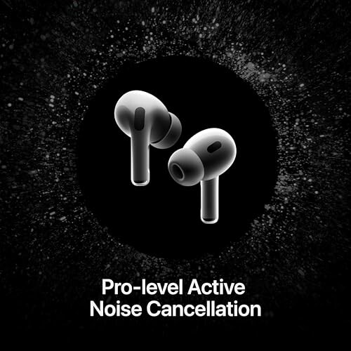 Wireless earbuds with active noise cancellation on a black background.