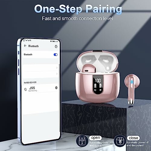 Wireless earbuds pairing with a smartphone showing Bluetooth connection screen.